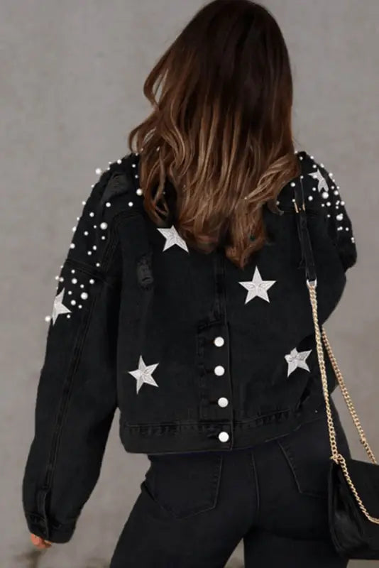 Black distressed pearls star cropped denim jacket - outerwear