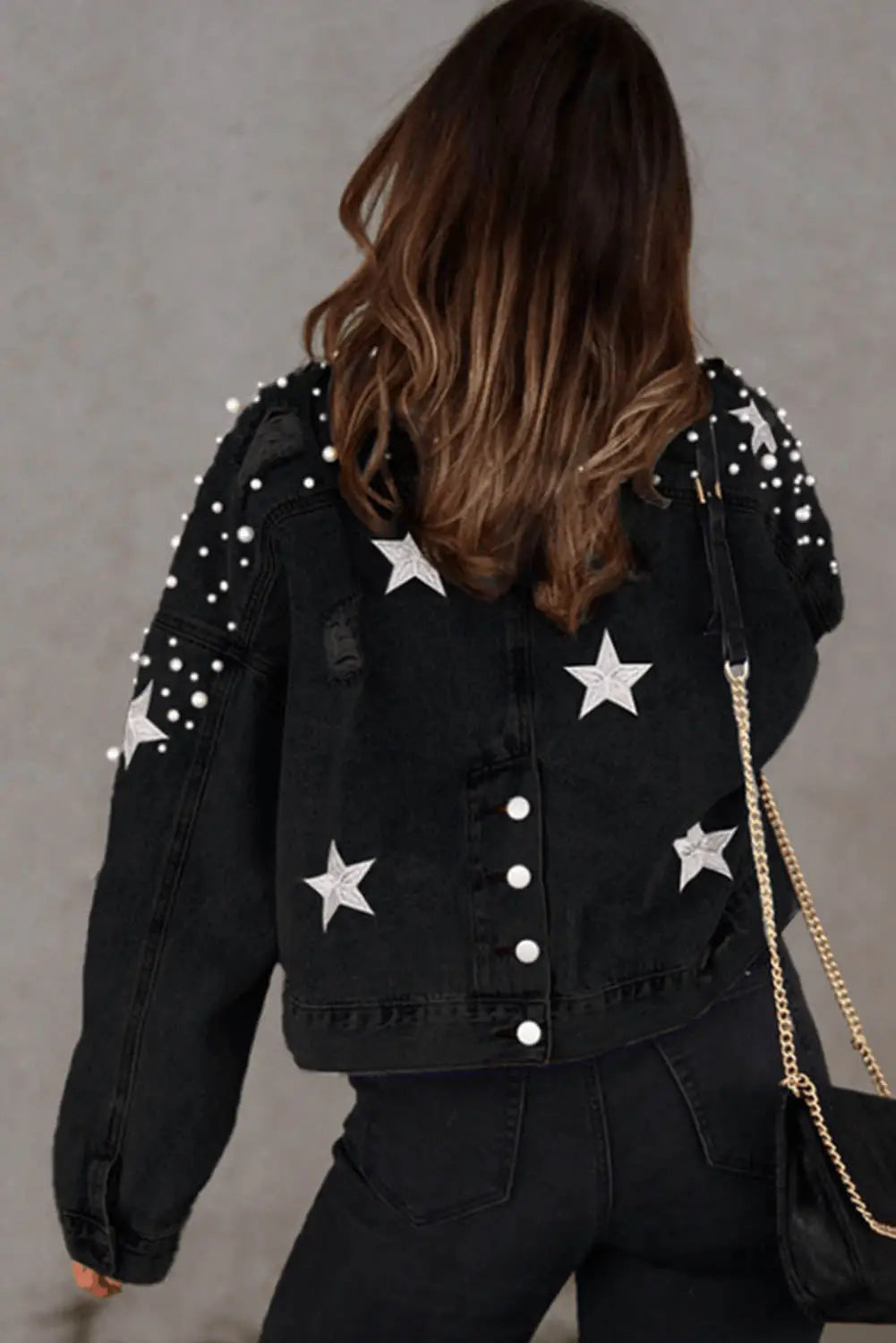 Black distressed pearls star cropped denim jacket - jackets