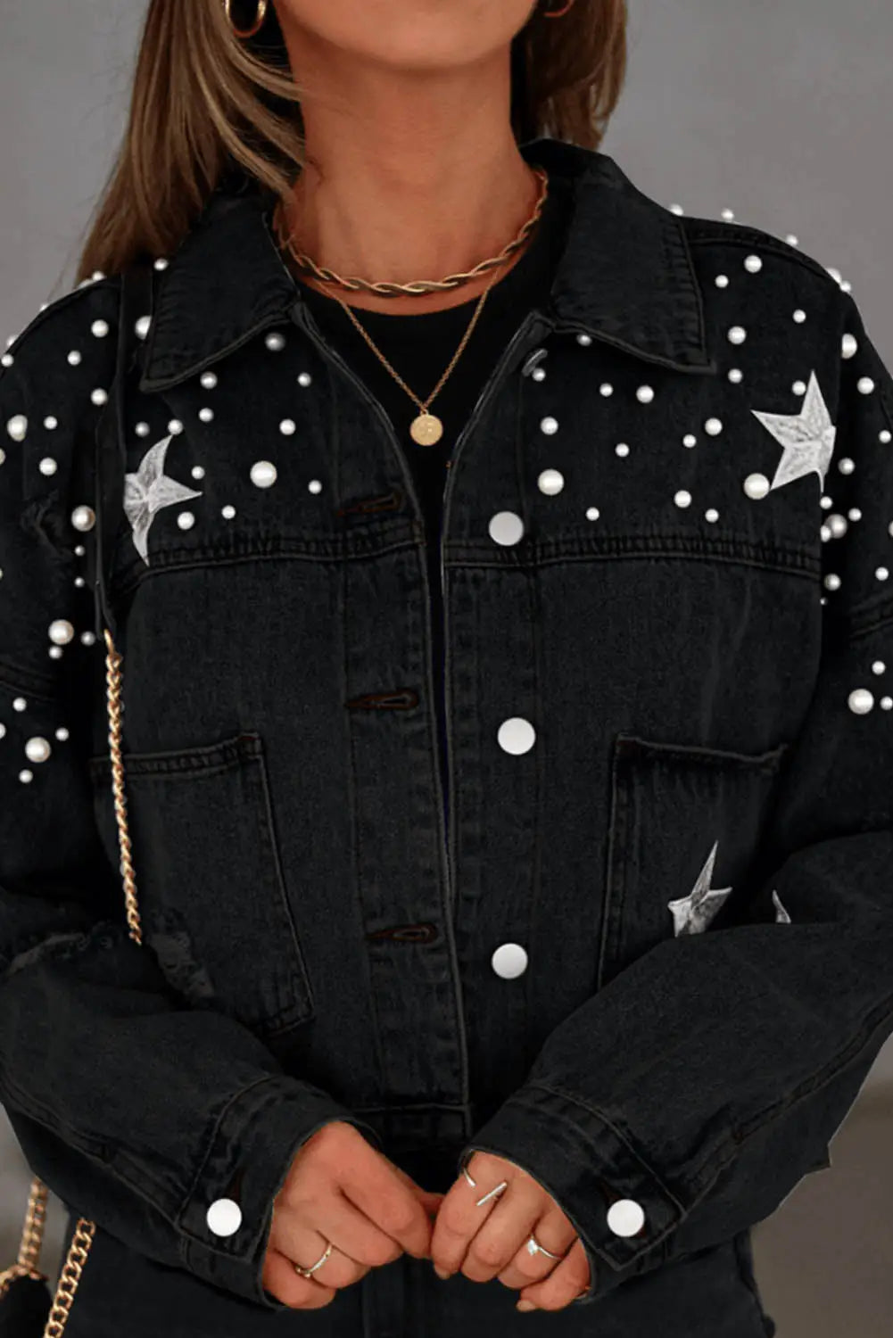 Black distressed pearls star cropped denim jacket - s 85% cotton + 15% polyester jackets