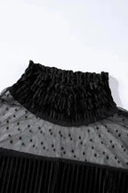 Black Dotted Mesh Striped Frilled Neck Bubble Sleeve Dress - Fashionfitz