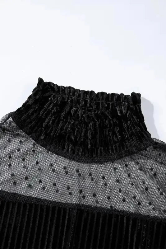 Black Dotted Mesh Striped Frilled Neck Bubble Sleeve Dress - Fashionfitz