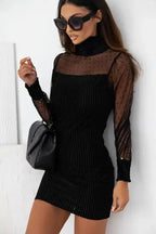 Black Dotted Mesh Striped Frilled Neck Bubble Sleeve Dress - Fashionfitz