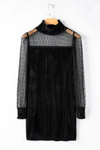 Black Dotted Mesh Striped Frilled Neck Bubble Sleeve Dress - Fashionfitz