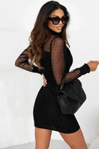 Black Dotted Mesh Striped Frilled Neck Bubble Sleeve Dress - Fashionfitz