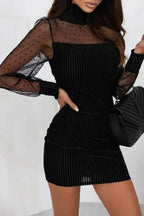Black Dotted Mesh Striped Frilled Neck Bubble Sleeve Dress - Fashionfitz
