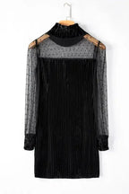 Black Dotted Mesh Striped Frilled Neck Bubble Sleeve Dress - Fashionfitz