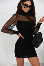 Black Dotted Mesh Striped Frilled Neck Bubble Sleeve Dress - Fashionfitz