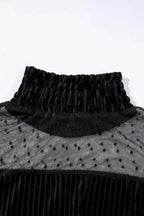 Black Dotted Mesh Striped Frilled Neck Bubble Sleeve Dress - Fashionfitz