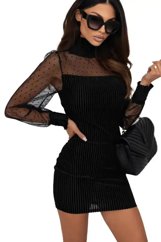 Black Dotted Mesh Striped Frilled Neck Bubble Sleeve Dress - Fashionfitz