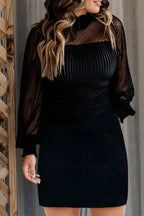 Black Dotted Mesh Striped Frilled Neck Bubble Sleeve Dress - Fashionfitz