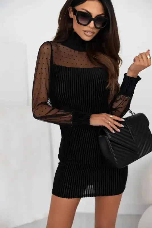 Black Dotted Mesh Striped Frilled Neck Bubble Sleeve Dress - Fashionfitz
