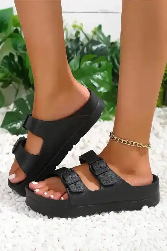 Black Double-buckle EVA Slippers - Fashionfitz