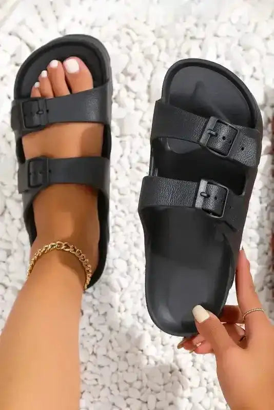 Black Double-buckle EVA Slippers - Fashionfitz