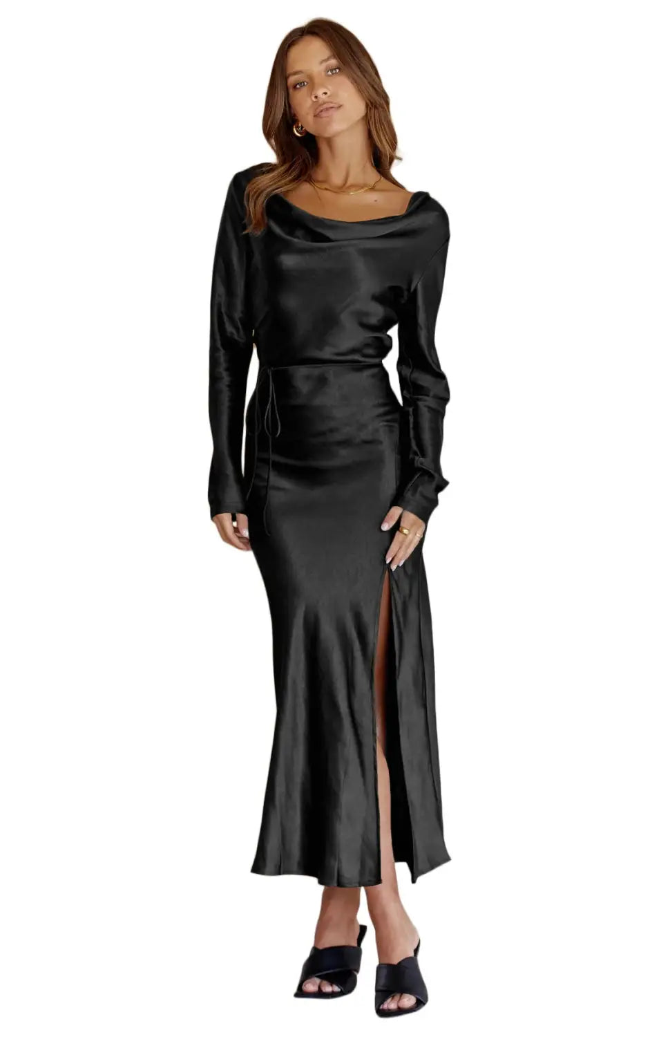 Black drape neck tie waist long sleeve slit dress - evening dresses
