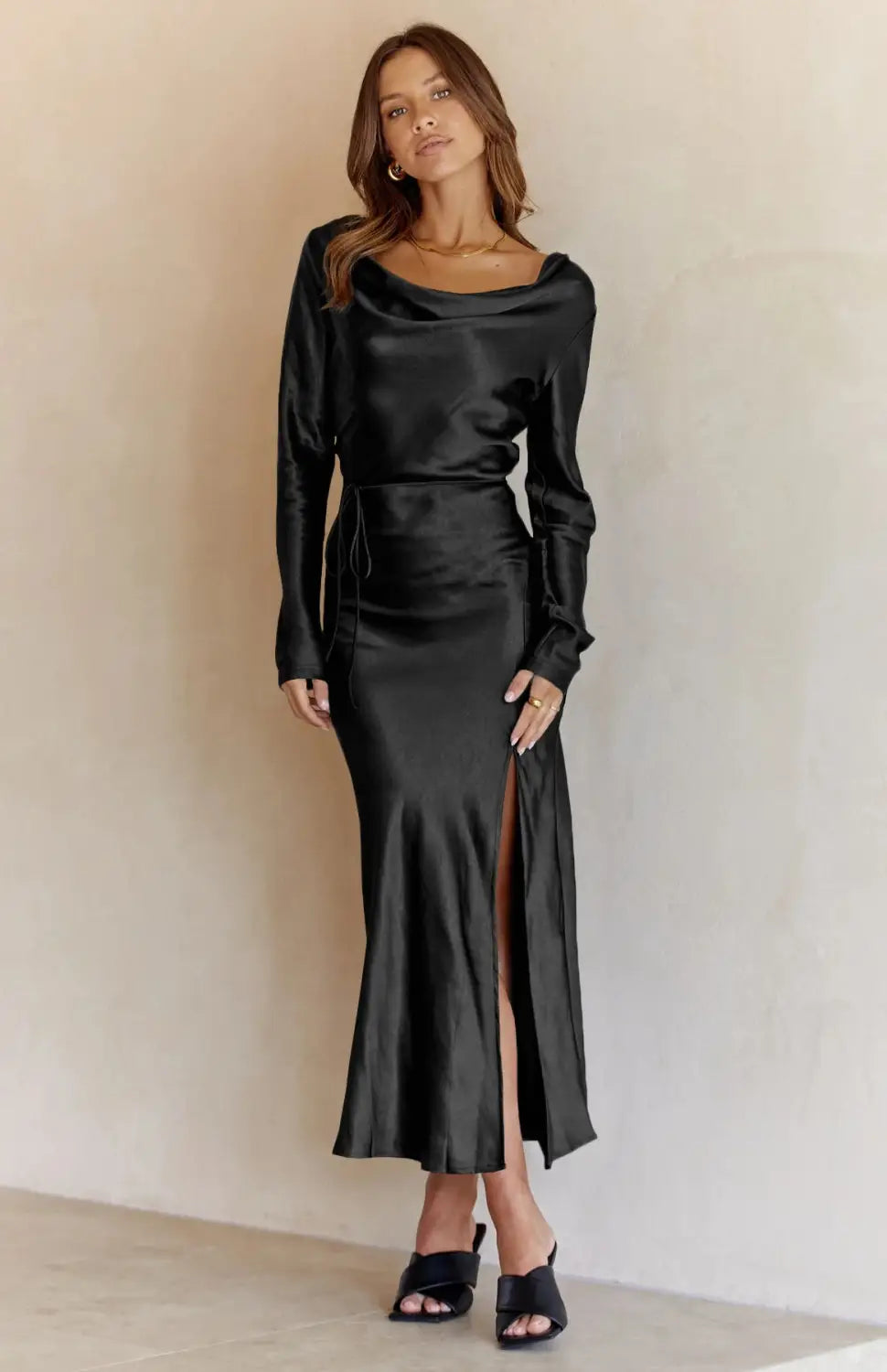 Black drape neck tie waist long sleeve slit dress - evening dresses