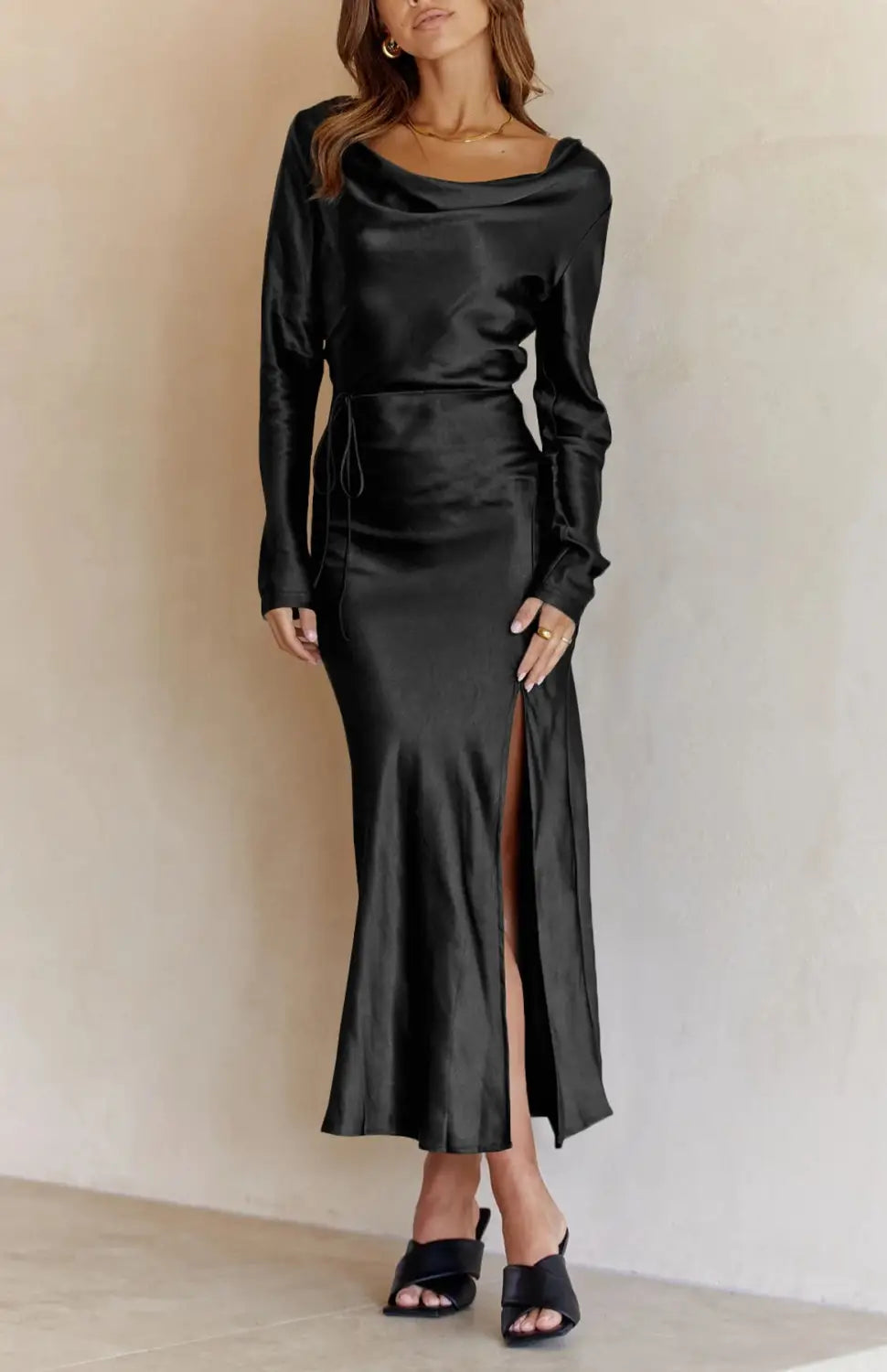 Black drape neck tie waist long sleeve slit dress - s / 100% polyester - evening dresses