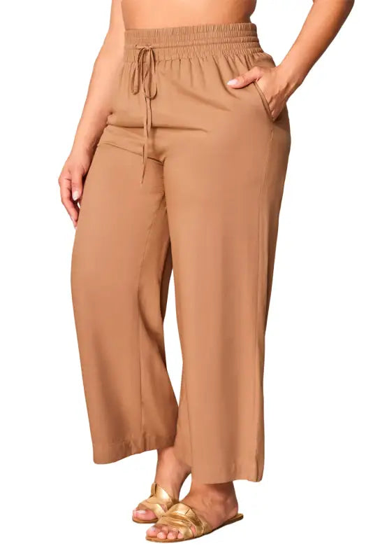 Black drawstring elastic waist casual wide leg pants