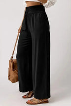 Black Drawstring Elastic Waist Casual Wide Leg Pants - Fashionfitz