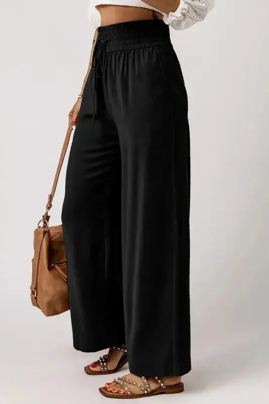 Black Drawstring Elastic Waist Casual Wide Leg Pants - Fashionfitz