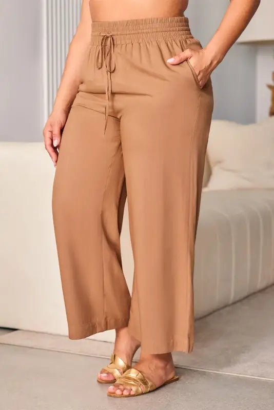 Black drawstring elastic waist casual wide leg pants