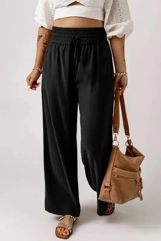 Black Drawstring Elastic Waist Casual Wide Leg Pants - Fashionfitz