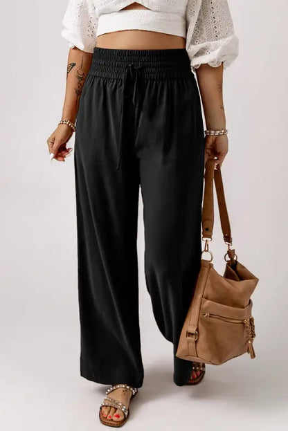 Black drawstring elastic waist casual wide leg pants - s / 65% viscose + 35% polyester