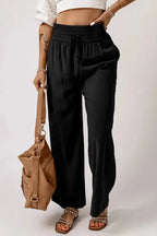 Black Drawstring Elastic Waist Casual Wide Leg Pants - Fashionfitz