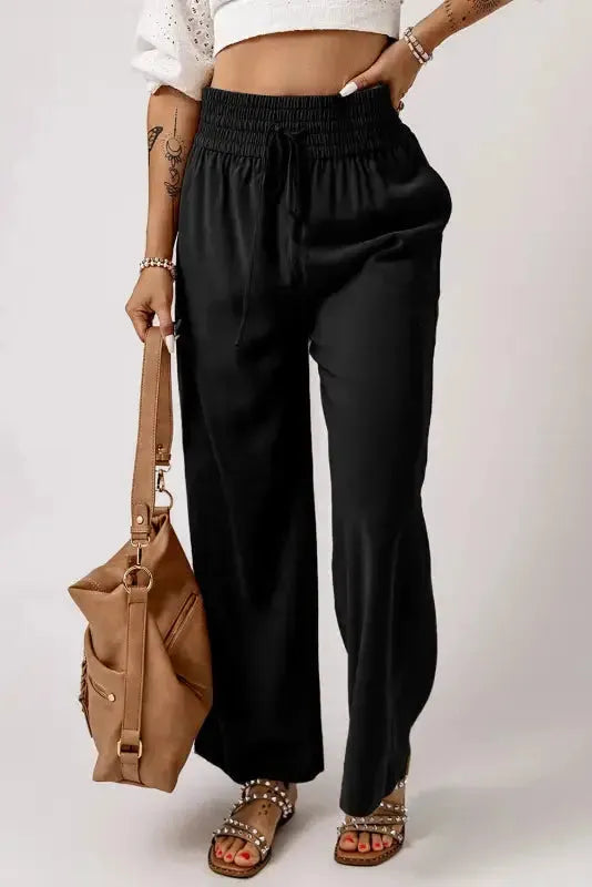 Black Drawstring Elastic Waist Casual Wide Leg Pants - Fashionfitz
