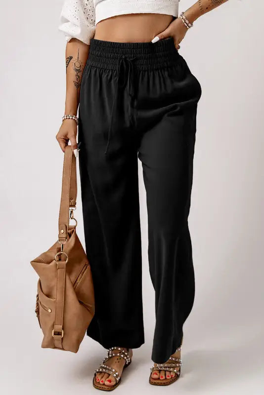 Black drawstring elastic waist casual wide leg pants