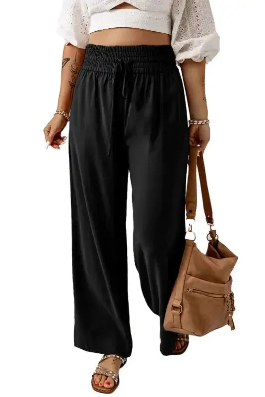 Black Drawstring Elastic Waist Casual Wide Leg Pants - Fashionfitz