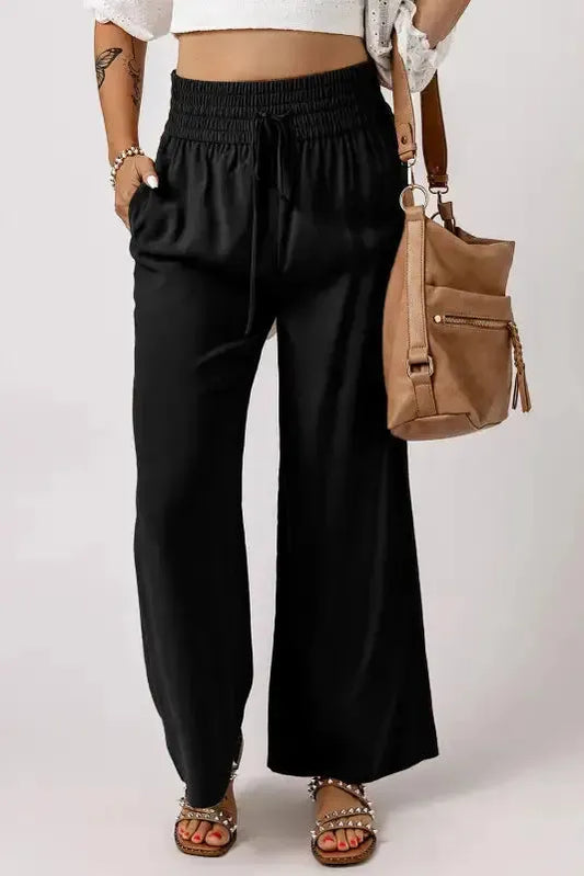 Black Drawstring Elastic Waist Casual Wide Leg Pants - Fashionfitz