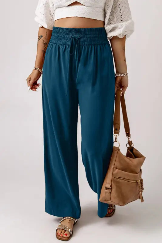 Black drawstring elastic waist casual wide leg pants - blue / s / 65% viscose + 35% polyester