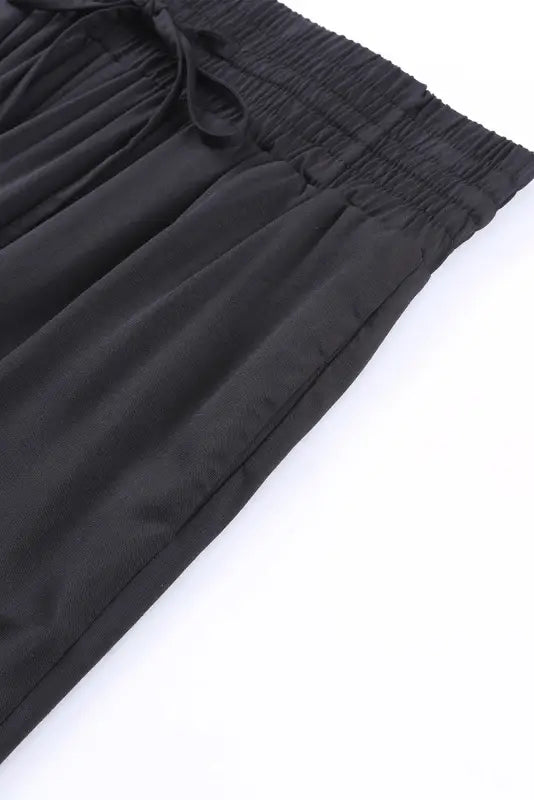 Black drawstring elastic waist casual wide leg pants