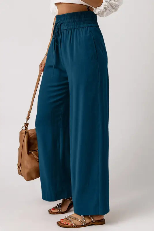 Black drawstring elastic waist casual wide leg pants