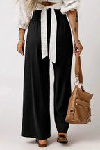 Black Drawstring Elastic Waist Casual Wide Leg Pants - Fashionfitz