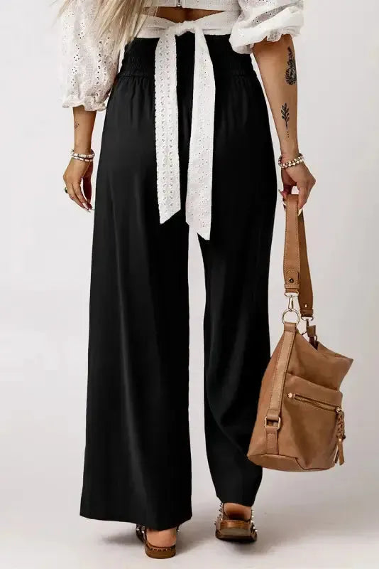 Black Drawstring Elastic Waist Casual Wide Leg Pants - Fashionfitz