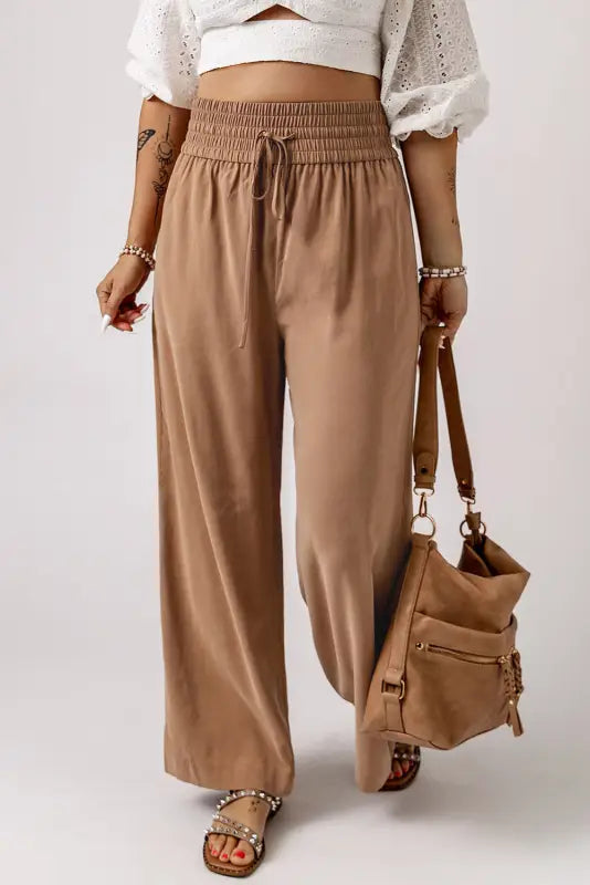 Black drawstring elastic waist casual wide leg pants - brown / s / 65% viscose + 35% polyester