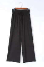 Black Drawstring Elastic Waist Casual Wide Leg Pants - Fashionfitz