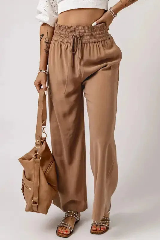 Black Drawstring Elastic Waist Casual Wide Leg Pants - Fashionfitz