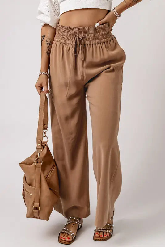 Black drawstring elastic waist casual wide leg pants