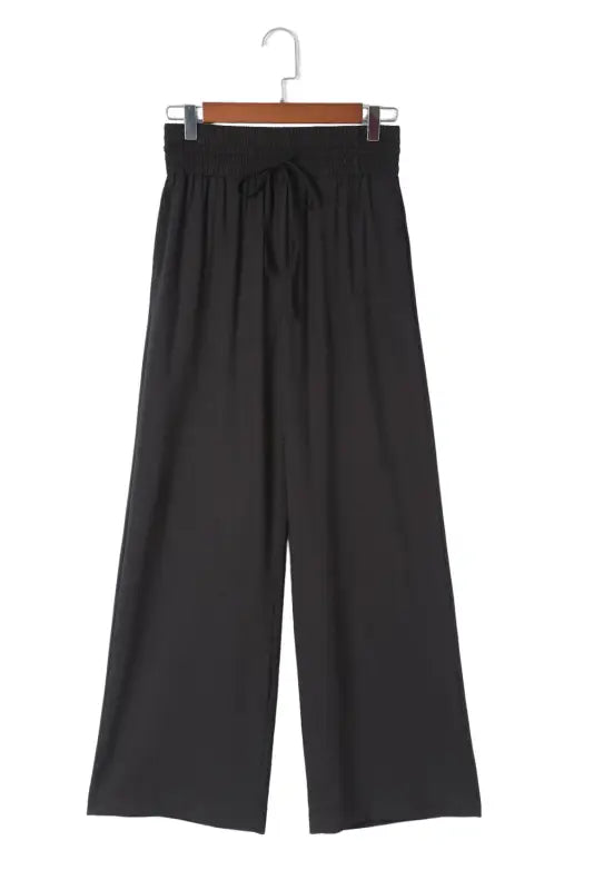 Black drawstring elastic waist casual wide leg pants