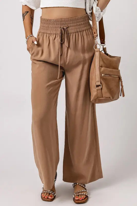 Black drawstring elastic waist casual wide leg pants