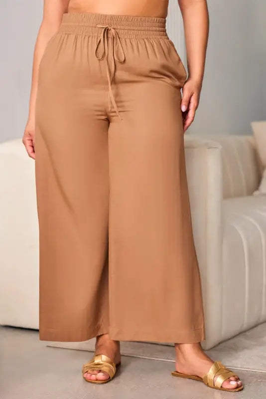 Black drawstring elastic waist casual wide leg pants