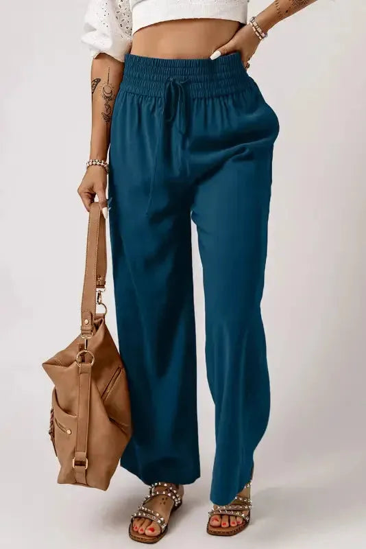Black Drawstring Elastic Waist Casual Wide Leg Pants - Fashionfitz