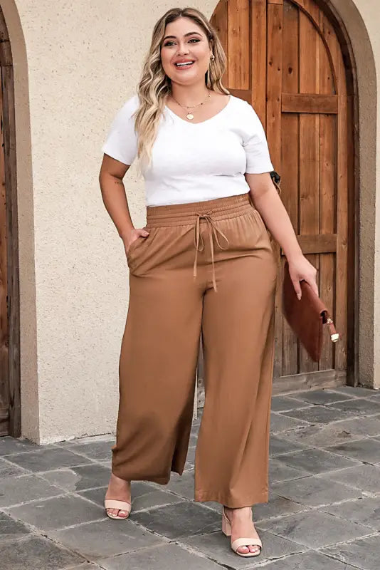 Black drawstring elastic waist casual wide leg pants