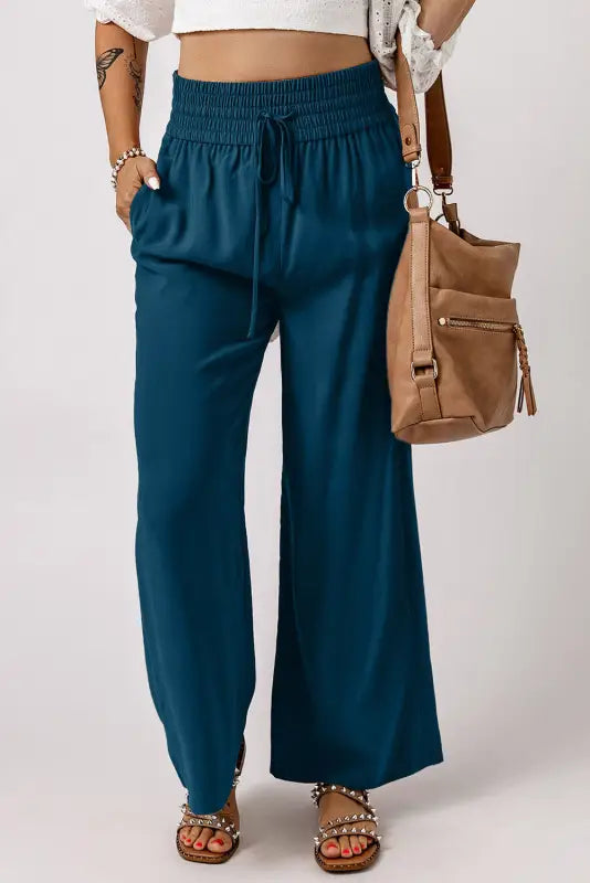 Black drawstring elastic waist casual wide leg pants