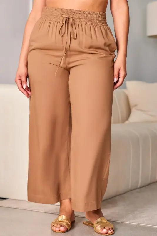 Black drawstring elastic waist casual wide leg pants