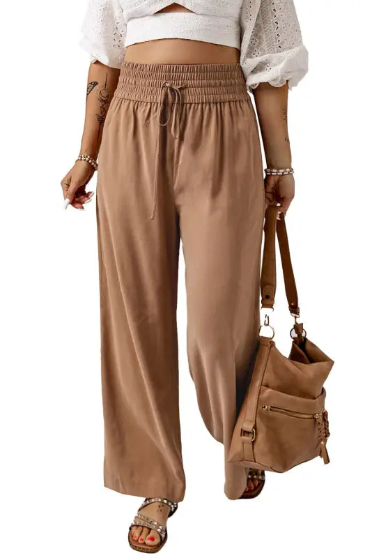 Black drawstring elastic waist casual wide leg pants