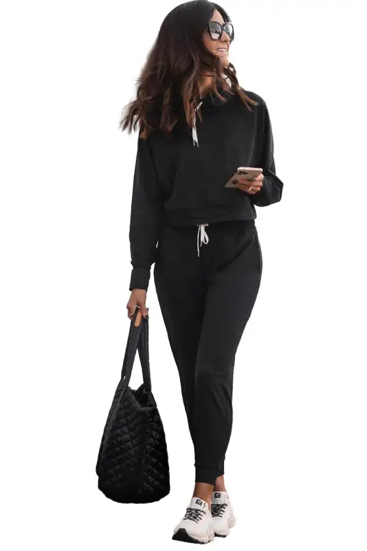 Black drawstring hoodie and high waist pants lounge set - loungewear