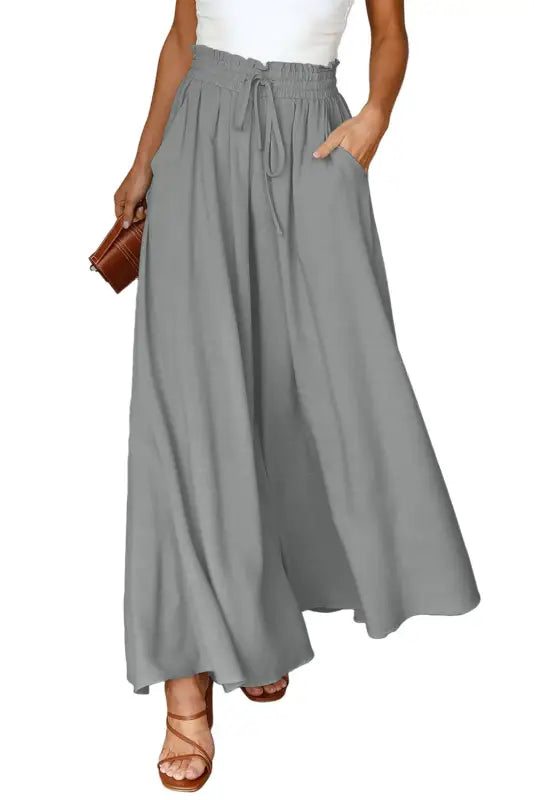 Black drawstring smocked high waist wide leg pants - bottoms